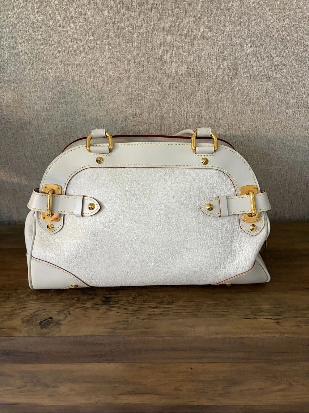 Louis Vuitton White Leather Satchel with Gold Hardware